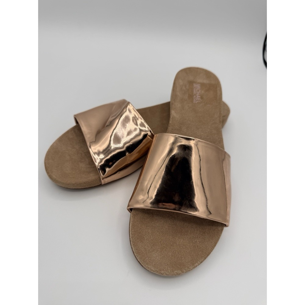 Michael Kors Slide Sandals Womens 9M/39M Rose Gold Metallic Slip On Flat Shoes